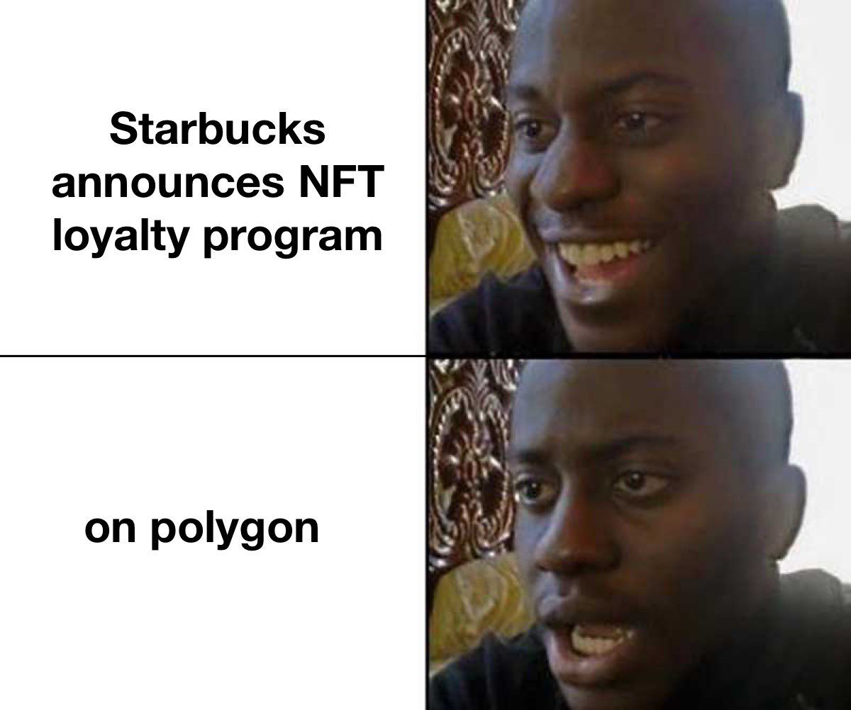 Мем о программе лояльности Starbucks: «Starbucks анонсирует NFT-программу лояльности на Polygon»